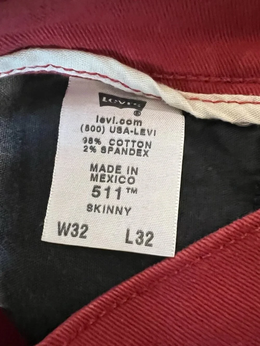 Levi's 511 Red Skinny Jeans Men's 32x32
